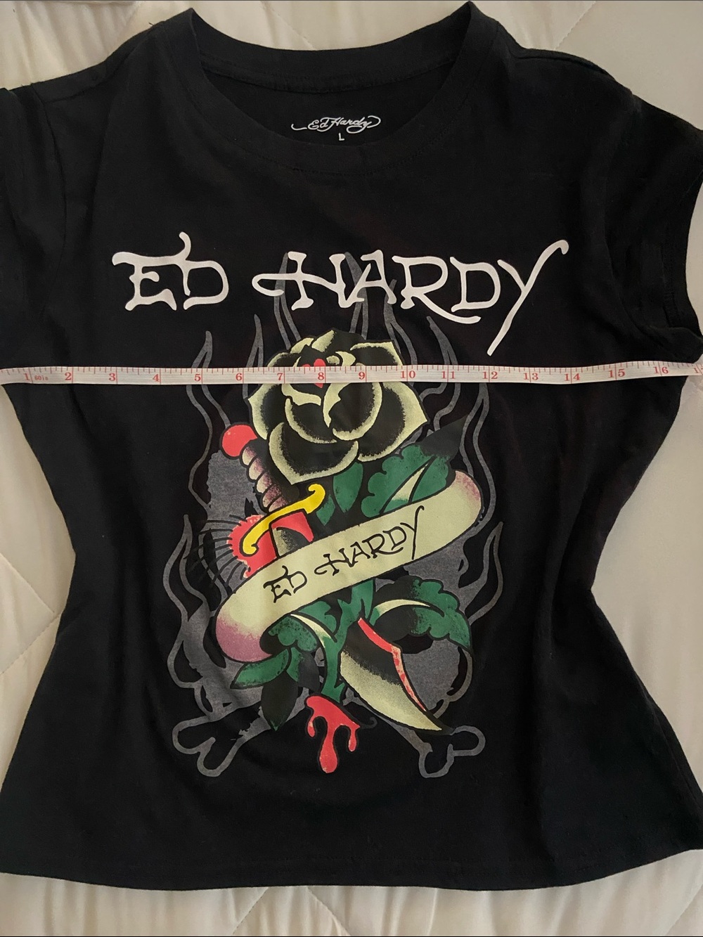 Ed Hardy Black Tee with Rose, Dagger and Banner Graphic - Picture 1 of 5